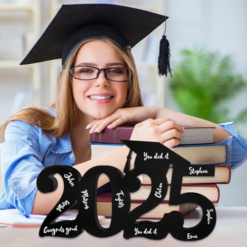 Decorações pretas de graduação, classe de 2025, parabéns, graduação, mesa de madeira, adereços de ca