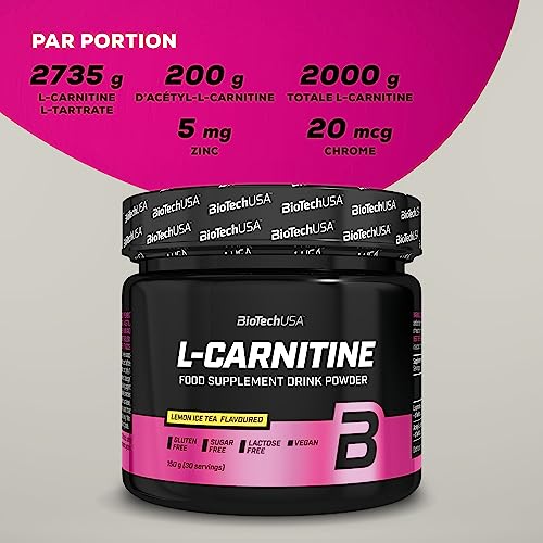 BioTechUSA L-Carnitine Drink Powder | 2 000 mg/portion | Végétalien, sans gluten, sans sucre | Stimuler le métabolisme et l'énergie, 150 g, thé glacé au citron – Image 6