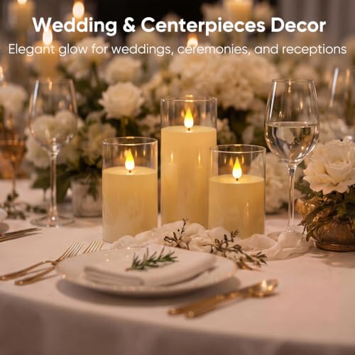 Image of Homemory Ivory Flameless Candles, Battery Operated Acrylic LED Pillar Candles with Remote Timer, Realistic Flickering Fake Candles for Home Decor, Christmas, Wedding, Party, Set of 3