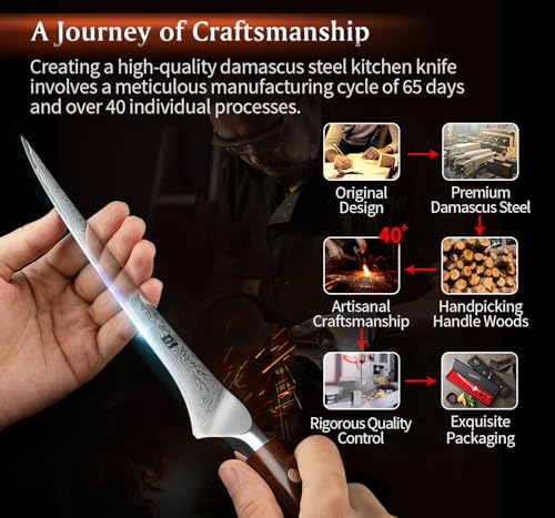XINZUO Acciaio Damasco 18cm Coltello per Sfilettare da Cucina -Bordo Disossare Pesce e Carne -Professionale Coltello da Pesce da Filetto in Acciaio Damasco a 67 Strati -Manico in Legno di Rosa - immagine 6
