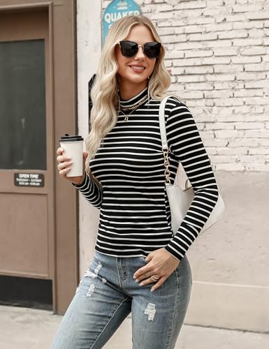 Aottori Oberteile Damen Rollkragen Langarmshirt Elegant Rollkragenpullover Langarm T-Shirt Einfarbig Tops Slim Fit Casual für Herbst Winter Schwarz Streifen L