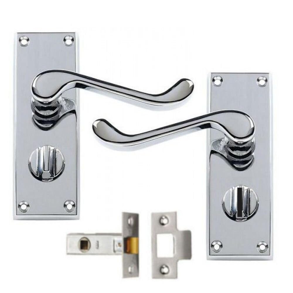 Premium Victorian Scroll Polished Chrome Door Handle Privacy Pack 115mm +64mm Latch