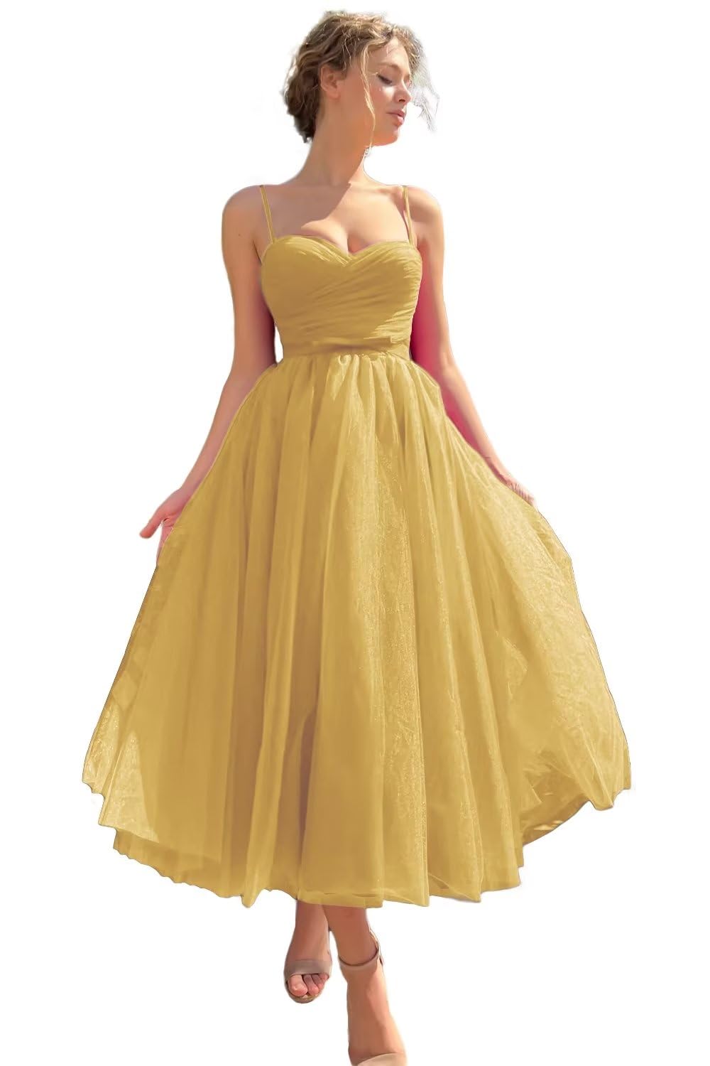 Sevintage Spaghetti Straps Tulle Prom Dress Tea Length Formal Party Evening Dress with Pockets