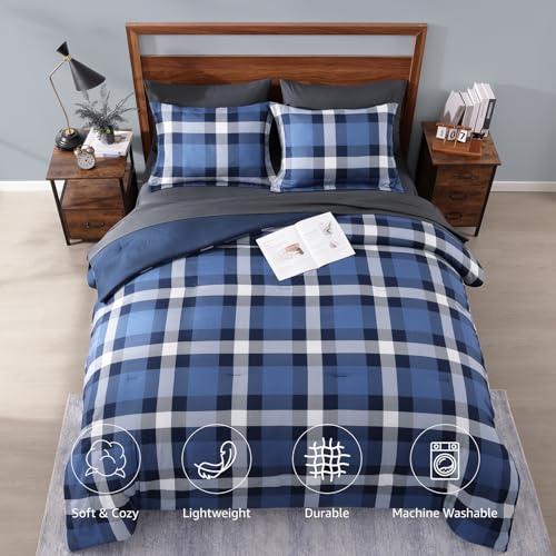 Image of MaiReve Queen Size Plaid Comforter Set Indigo Blue, Classic Checkered 7 Pieces Farmhouse Bedding Set, All Season Lightweight Bed in A Bag with Sheets, Pillowcases & Shams