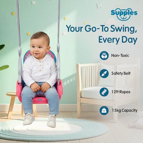 Image of Amazon Brand - Supples Baby Swing for Kids | Non-Toxic Plastic | Indoor & Outdoor Use | Adjustable Design with Safety Belt | Age 6 Months to 4 Years | Blue & Pink