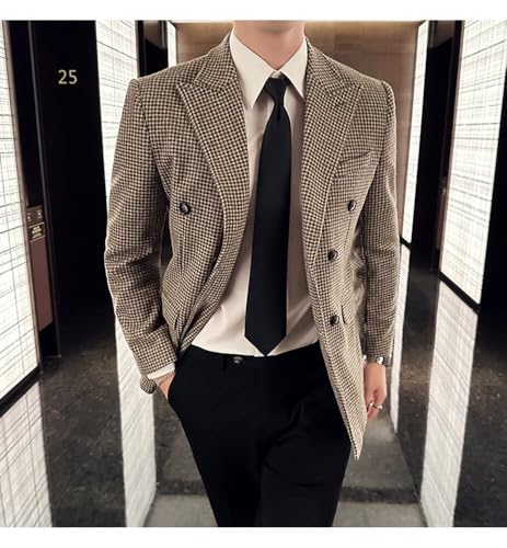 Men's Houndstooth Wedding Suit Blazer Peak Lapel Double Breasted Buttons Tuxedos Jacket Banquet4