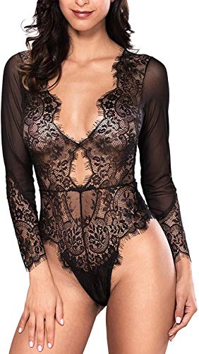 WANLOVE Women Sexy Lingerie Long Sleeve Bodysuit Lace Deep V Bodysuit Lingerie -M White
