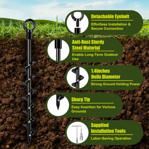 Image of Eurmax USA 4-Pack Screw in Ground Anchors,Detachable Spiral Tent Stakes,Heavy Duty Rust Proof Metal Trampoline Anchors with Drill Bit Adapter&T-Handle Tool for Canopy,Tent,Trampoline,Swing Set(Black)