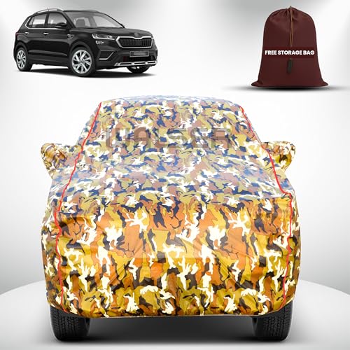 Image of Walser Waterproof Car Cover for Skoda Kushaq | All-Weather Full Car Body Protection | with Mirror & Antenna Pocket | Dustproof, Windproof & Anti-Scratch Lining, Camouflage