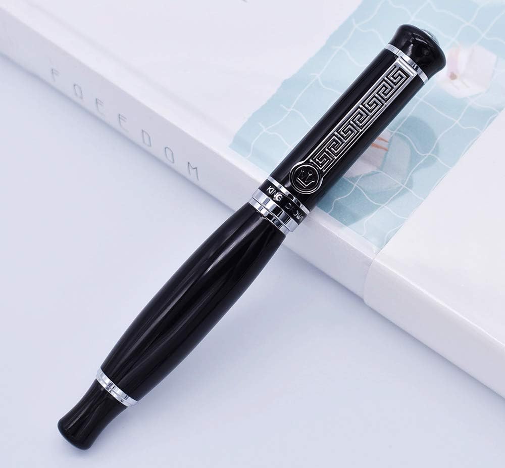 Asvine Duke 558 Black Gentleman Fountain Pen, Iridium Medium Nib Big Pen, Silver Trim Vintage Office Gift Writing Pen
