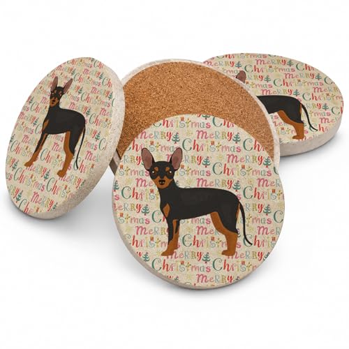 Caroline's Treasures Prague Ratter Merry Christmas Large Sandstone Coasters Pack of 4 Absorbent Round Coasters Decor Gifts for Men or Women, 4 in, Multicolor