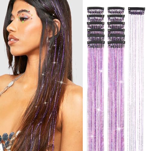 Purple Hair Tinsel 12Pcs 20.5 Inch Clip in Fairy Hair Tinsel Kit for Women Girls Glitter Hair Accessories for Christmas Halloween Cosplay Party (Purple)