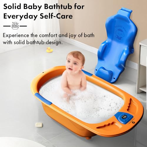 Image of StarAndDaisy Baby Bath tub for 0 to 5 Years with Temperature Sensor /Bath Tub for Kids with Anti-Slip Legs /Bathtub for Baby with Baby Bather -Without Wheel(Orange-Blue)