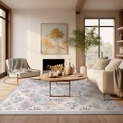 Ashler 8x10 Vintage Rug, Floral Area Rugs, Ultra-Thin Boho Tropical Rug, Vintage Large Rugs for Entryway, Kitchen, Foggy Blue/Light Grey/Purple, Moroccan Low-Pile Machine Washable Decoration