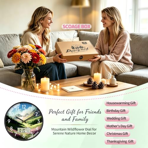 Image of 12'' Valley Meadow Wall Clock, Analog Clock with Digital Display | Silent Non-Ticking, Battery Operated, Shows Date Day & Temperature, Decorative for Living Room, Bedroom, Kitchen, Office
