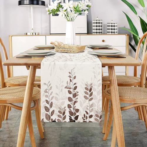 Camino de Mesa Marrón Moderno Sala Camino de Mesa Abstracto Planta Camino de Mesa Decoración Primavera Mesa de Comedor Lino Mantel para Vacaciones De Fiesta de Boda 33x183 CM