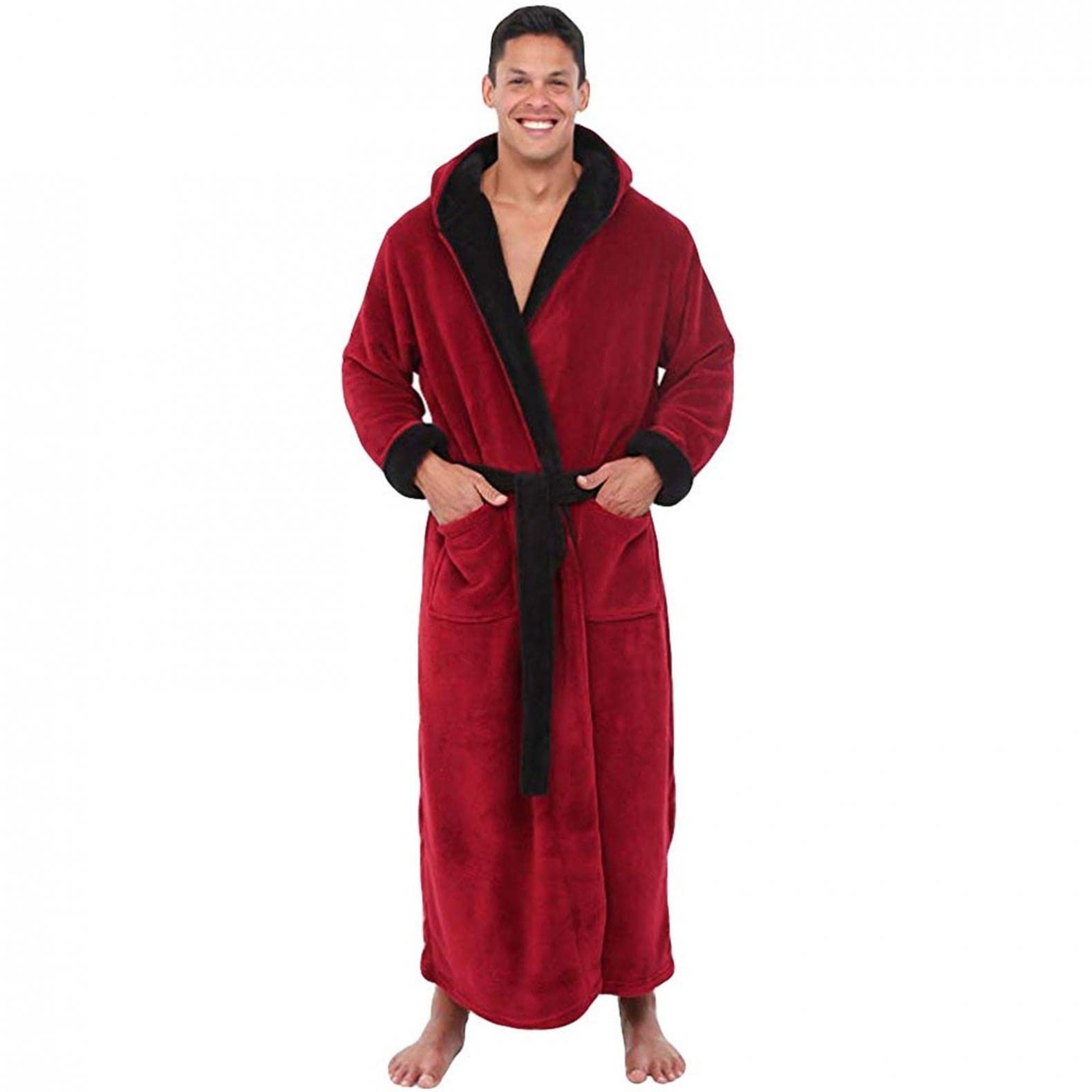 Coral Fleece Shawl Bathrobe for Men Winter Long Home Clothes Plush Robe Coats Long Sleeve Spa Robes Soft Warm Sleepwear