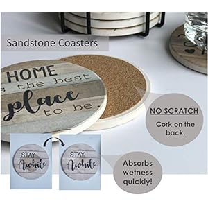 Panchh rustic farmhouse stone cork coasters for drinks absorbent set of 6 coasters with holder best housewarming gifts for new home ideas cute kitchen and coffee table decor accessories  urban country home decor