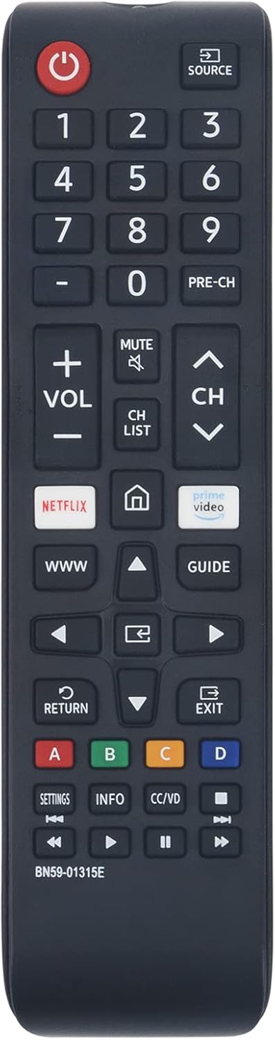 Front view of the BN59-01315E remote control, showing all buttons and their labels.