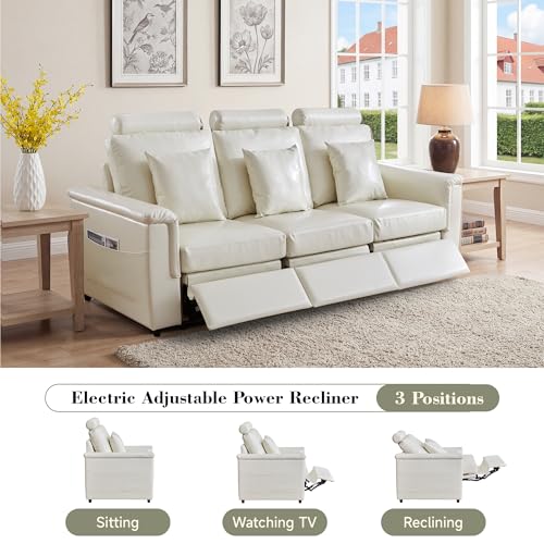 Image of RARZOE Manual 3-Seater Recliner Sofa, Faux Leather 3 Seat Reclining Couches with Headrest, Modern Comfy Recliner Sofa Set with 3 Recliner Chairs for Living Room Home Theater,Beige