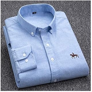 KAKAYO 100% Cotton Oxford Shirt Men's Long Sleeve Embroidered Casual Without Pocket Solid Dress Shirt (Color : Blue, Size : S.)