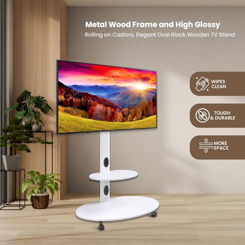 Image of Mobile TV Stand on Wheels - Height Adjustable Floor Stand for 32-65 inch LED & Smart TVs | Wooden & Metal Frame | Rolling TV Trolley with Shelf (White)