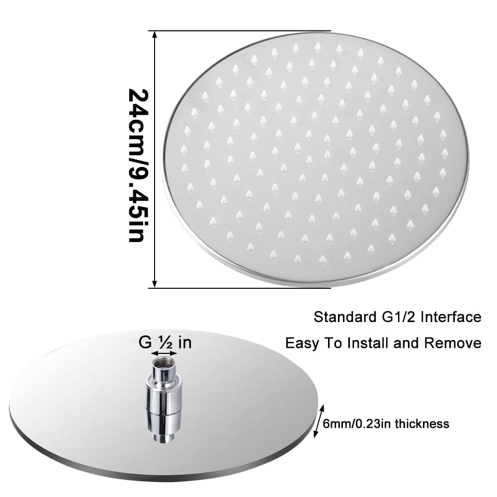 Okrągła słuchawka prysznicowa, deszczownica, 24 cm, z łatwą do czyszczenia dyszą, pogrubiona stal nierdzewna 304, regulowany kąt 360°, kolor srebrny