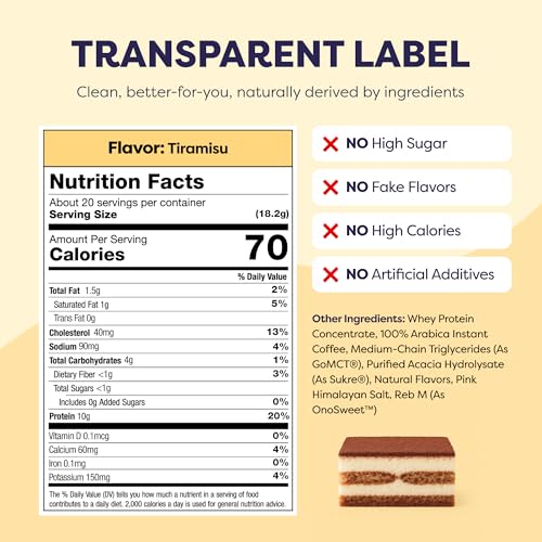 Image of Javvy Protein Iced Coffee - Premium Whey Protein & Iced Coffees, 100% Natural Cold Brew, Zero Artificial Flavors & Sweeteners, 80mg Caffeine, No Added Sugar, 20 Servings, Tiramisu, 1 Pack