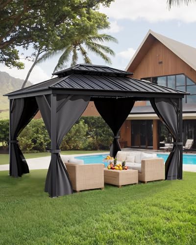 Hardtop Gazebo 10'x14' for All Weather, with Double Metal Roof, Aluminum Alloy Frame, Net, and Curtain, Permanent Building for Patio, Deck, Backyard, Lawn, and Garden, Gray