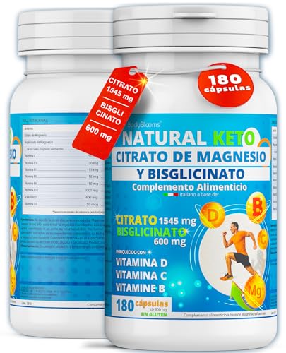 Citrato de magnesio 1545mg + Magnesio bisglicinato 600mg + Vitamina B y C |Energía,recuperación y potencia muscular| bisglicinato y citrato de magnesio capsulas |180 cps magnesium complex NATURALKETO®