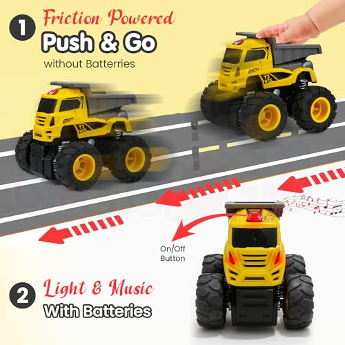 Image of Kidology Mini Trucks Toys Set of 4 | Push to Go Educational Toy Trucks Gift Set for Toddlers -Toy Vehicles with Flashing Lights & Music | Small Toys for Kids, Safe Non-Toxic Plastic