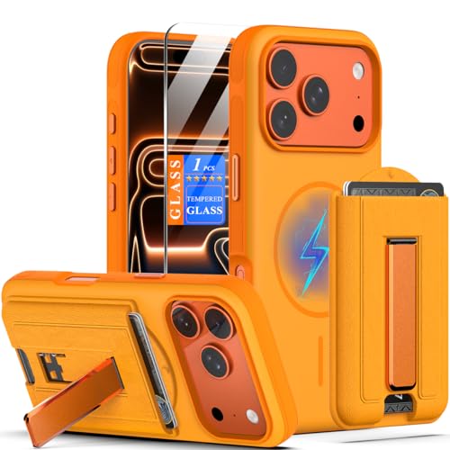 Image of Nvollnoe for iPhone 17 Pro Case with Card Holder & Screen Protector, Compatible with Magsafe, Built-in Kickstand, Detachable Magnetic Wallet Case for iPhone 17 Pro(Orange)