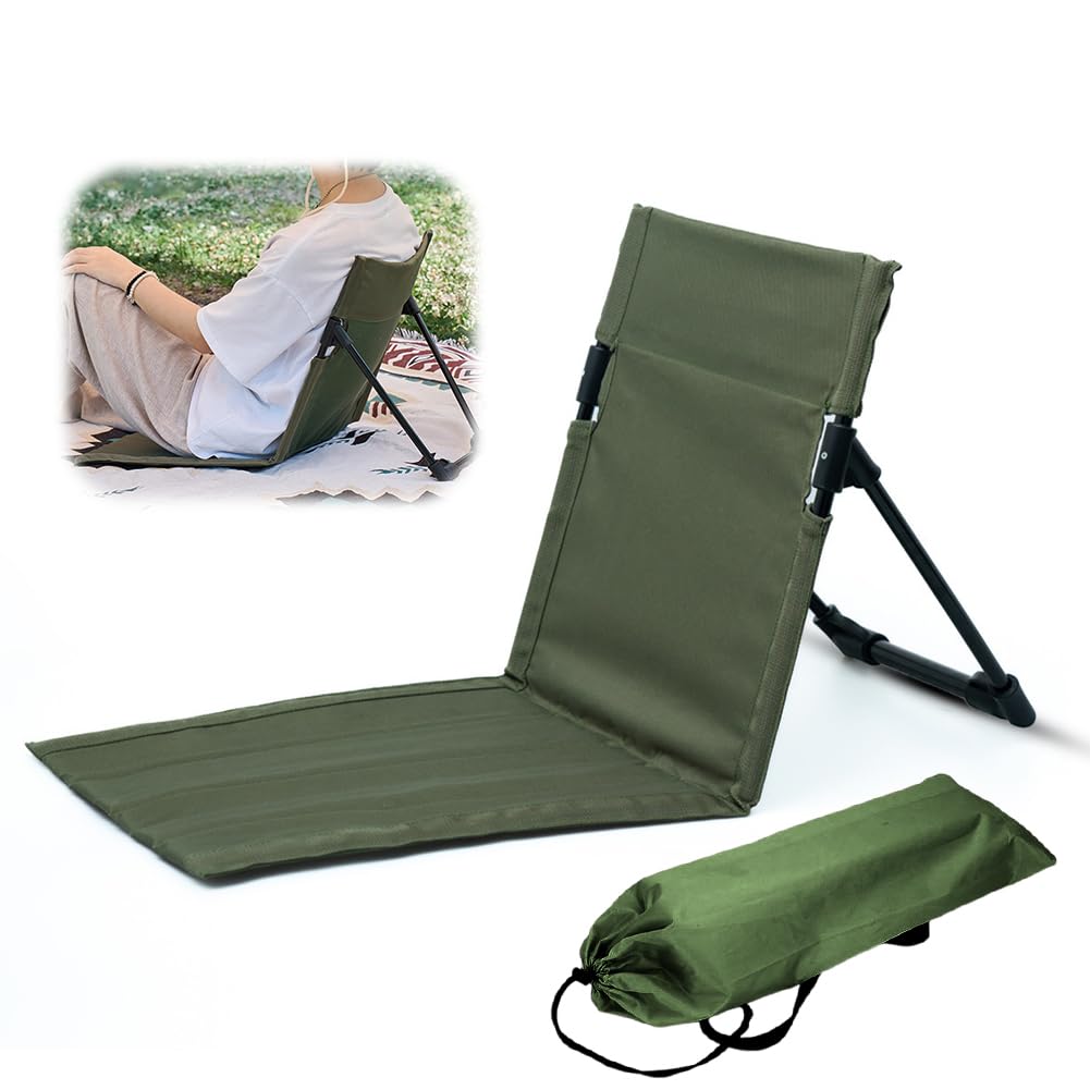 Bodenstuhl Outdoor mit Rückenlehne, Faltbarer Campingstuhl für Erwachsene, Tragbarer Strandstuhl mit Verstellbarer Rückenlehne, Leichter Klappstuhl für Picknick, Reisen, Camping & Garten Grün