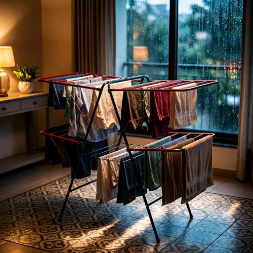 Image of Minky Extra Large Heavy Duty Cloth Drying Stand | 56-Inch Wide Multi-Wing Foldable Clothes Airer | 24 Rods High Load Bearing Metal Rack with Powder-Coated Rust Resistance