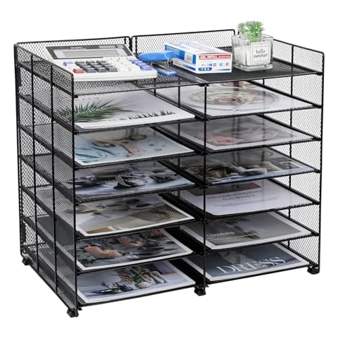 TQVAI Desk File Organizer 7 Tier Mail Sorter Countertop Adjustable Literature Organizer 12 Slots Paper Storage Rack Letter Tray Filing Holder for Office Home School Classroom, Black Cover