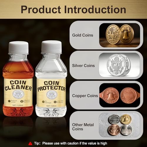 YOTEBLE Coin Cleaning Kit with 120ml Coin Cleaner, 120ml Protector, Cotton Swabs, Cleaning Bag, Polishing Plate for Collectors Cleaning All Gold Coins, Silver Coins