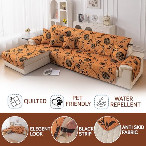 Image of HOKIPO 'Elira Series' Printed Quilted One-Piece L Shape 4 Seater (2+2) Sofa Cover Mat with Left Chaise | Anti-Slip Backing & SecureFit Belt, Copper Brown Floral (AR-5373-C8)