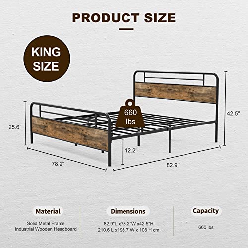 Ikifly King Size Metal Platform Bed Frame With Wood Headboard Footboard, Heavy Duty Steel Slats, 12" Under Bed Storage, Mattress Foundation, No Box Spring Needed - King/Rustic Brown #TOP1