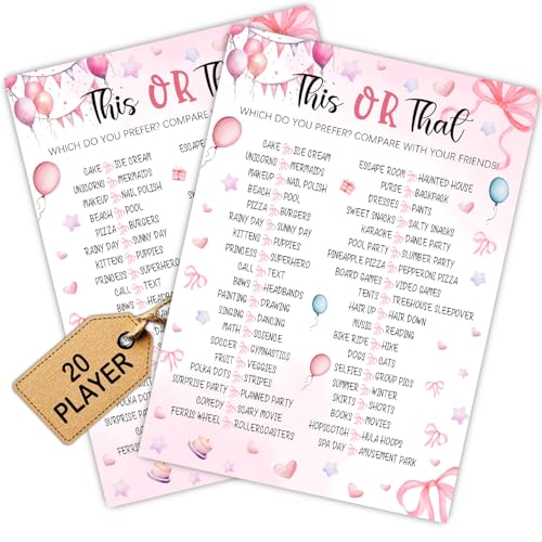 Image of Pink Slumber Party Games Card -Sleepover Stuff- Coquette Pink Bow Themed Sleepover Slumber Party Supplies- Birthday Night Games Creative Idea -This or That- 20 Game Cards