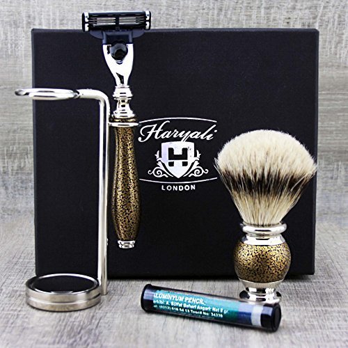 Haryali London Golden Antique 3 Edge zestaw do golenia, pędzel do golenia, stojak do golenia i ołówek Alaun Pencil