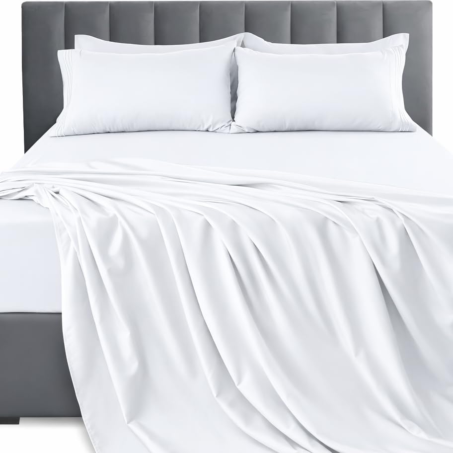 LUX Décor Queen Sheet Set - 4 Piece Ultra-Soft Microfiber Bed Sheets with Flat Sheet, 16 Inches Deep Pocket Fitted Sheet & 2 Pillowcases, Cooling & Breathable, Hotel Luxury, Oeko-TEX - White