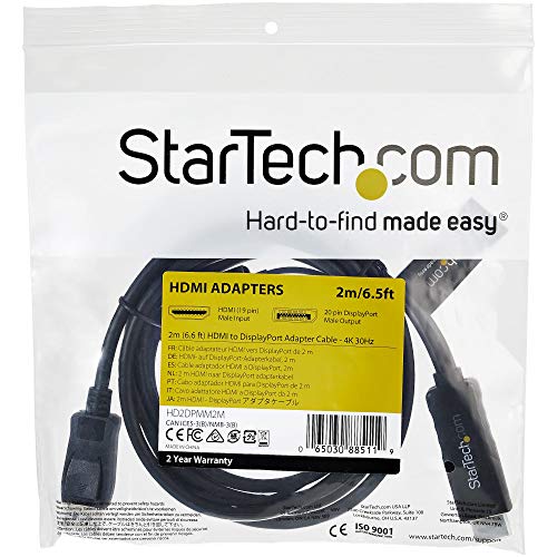 Startech.com 2M (6Ft) Hdmi To Displayport Cable 4K 30Hz - Active Hdmi 1.4 To Dp 1.2 Adapter Converter Cable W/Audio - Usb Powered - Mac & Windows - Hdmi Laptop To Dp Monitor - Male/Male (Hd2Dpmm2M) #TOP6