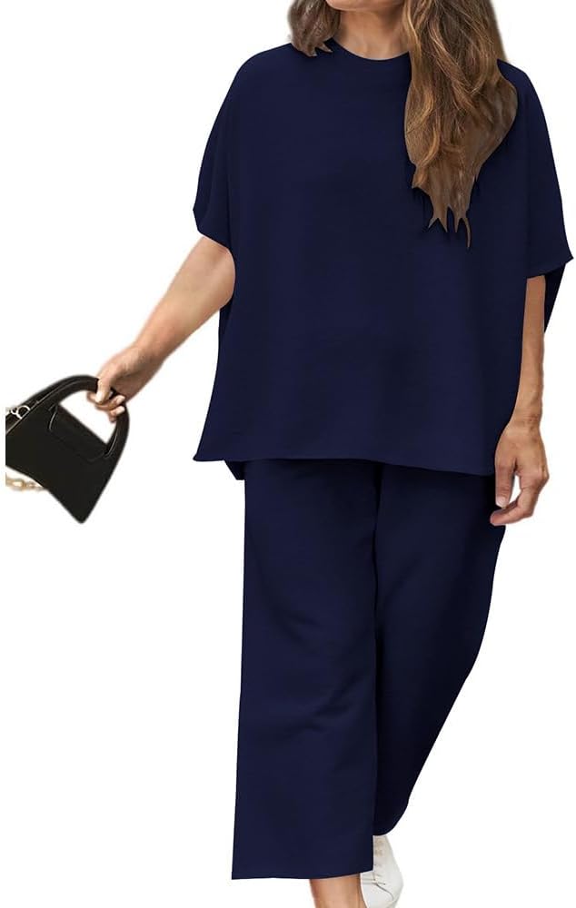TOPSRANI Womens Plus Size Casual Lounge Sweatsuits Short Sleeve Tracksuit 2 Piece Outfits Baggy Wide Leg Crop Pants Sets