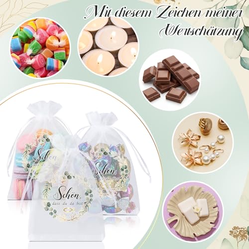 Hestya 30 Stück Schön Dass du da Bist Organzabeutel Gastgeschenke Taufe Kommunion Hochzeit Mitgebsel Eukalyptus Geschenk Organzasäckchen für Schokolade Kekse Geschenktüte für Konfirmation Geburtstag