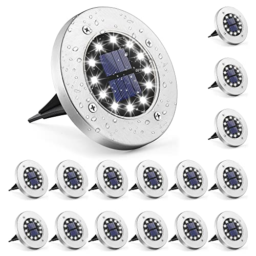 GIGALUMI Solar Bodenleuchte 12 LEDs 16 Stück Solarleuchten Weiß Gartenleuchten Edelstahl Wasserdicht für außen, Garten, Terrasse, Rasen, Hof, Gehweg