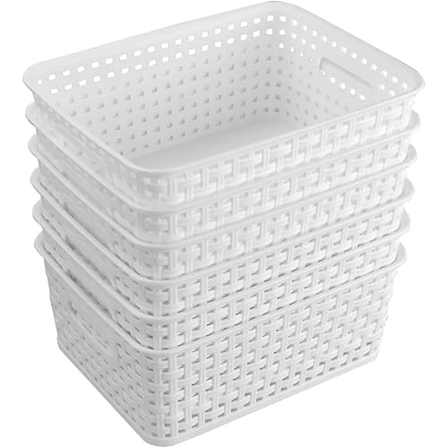 6-Pack White Storage Plastic Baskets, Plastic Weave Basket for Organizing