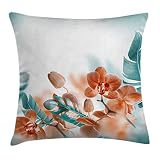 Ambesonne Tropical Decor Throw Pillow Cushion Cover, Orchids Blossom Leaves on Blurred Background Floral Themed Modern Artwork, Decorative Square Accent Pillow Case, 18 X 18 Inches, Orange Teal