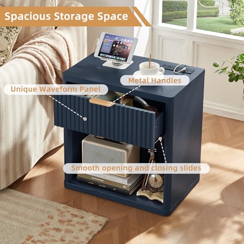LEYAOYAO Fluted Nightstand with Charging Station, 23" Wide 1 Drawers Night Stand,Blue End Table with Open Storage,Farmhouse Bed Side Tables, Wood Dresser for Bedroom, Living Room, Closet