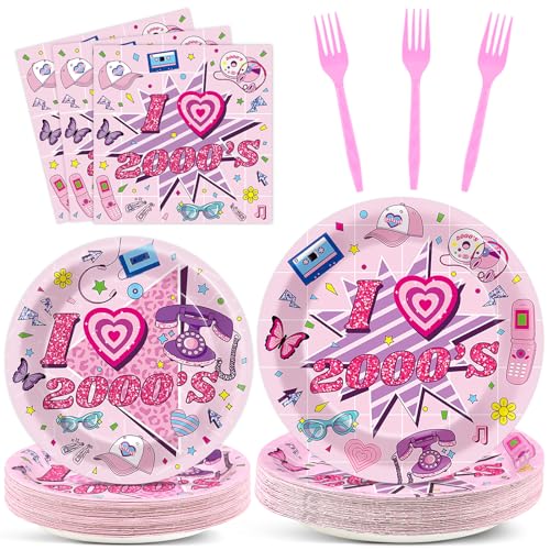 Image of Qyeahkj 100Pcs 2000s Y2K Pink Decorations Party Supplies 90s Plates Napkins Disposable 1990s Tableware Dinnerware Birthday for 90's Kids Bachelorette Favor