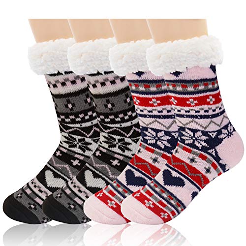 2 Pairs Women's Winter Fleece Lined Thermal Fuzzy Christmas Slipper Socks With Grippers, Non Slip Super Soft Thick Warm Cozy Home Sock